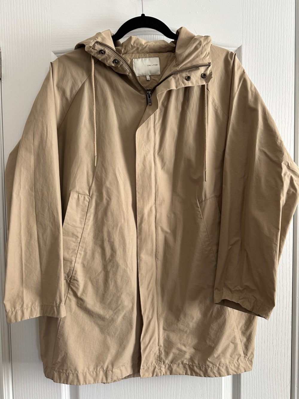 OAK + FORT Beige Hooded Raincoat with Zip & Snap Placket